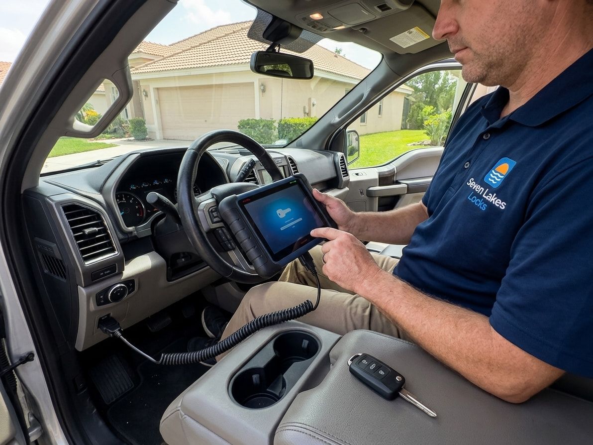 Locksmith in a Seven Lakes Locks polo programming a new car key with a tablet plugged into a pickup truck OBD port