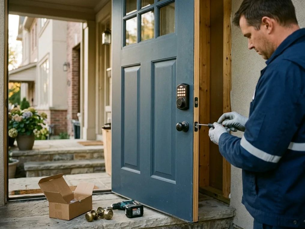 Locksmith installing a keypad smart deadbolt on a blue-gray craftsman-style front door, the old knob and tools on the porch