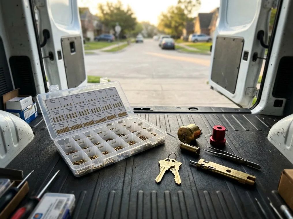 Rekey pinning kit, a disassembled brass lock cylinder and freshly cut keys on the floor of an open work van
