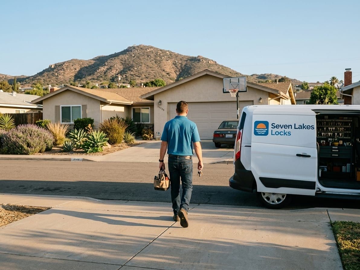 Locksmith in a blue polo carrying a tool bag up the driveway of a single-story ranch home, the Seven Lakes Locks van open at the curb and a chaparral-covered mountain behind