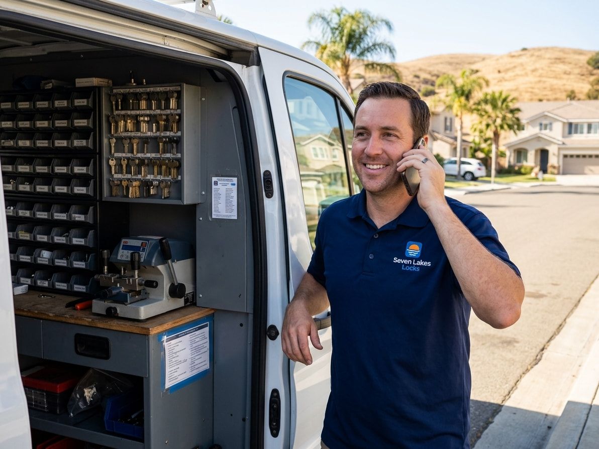 Seven Lakes Locks service van parked in the driveway of a single-story ranch home below a chaparral-covered mountain