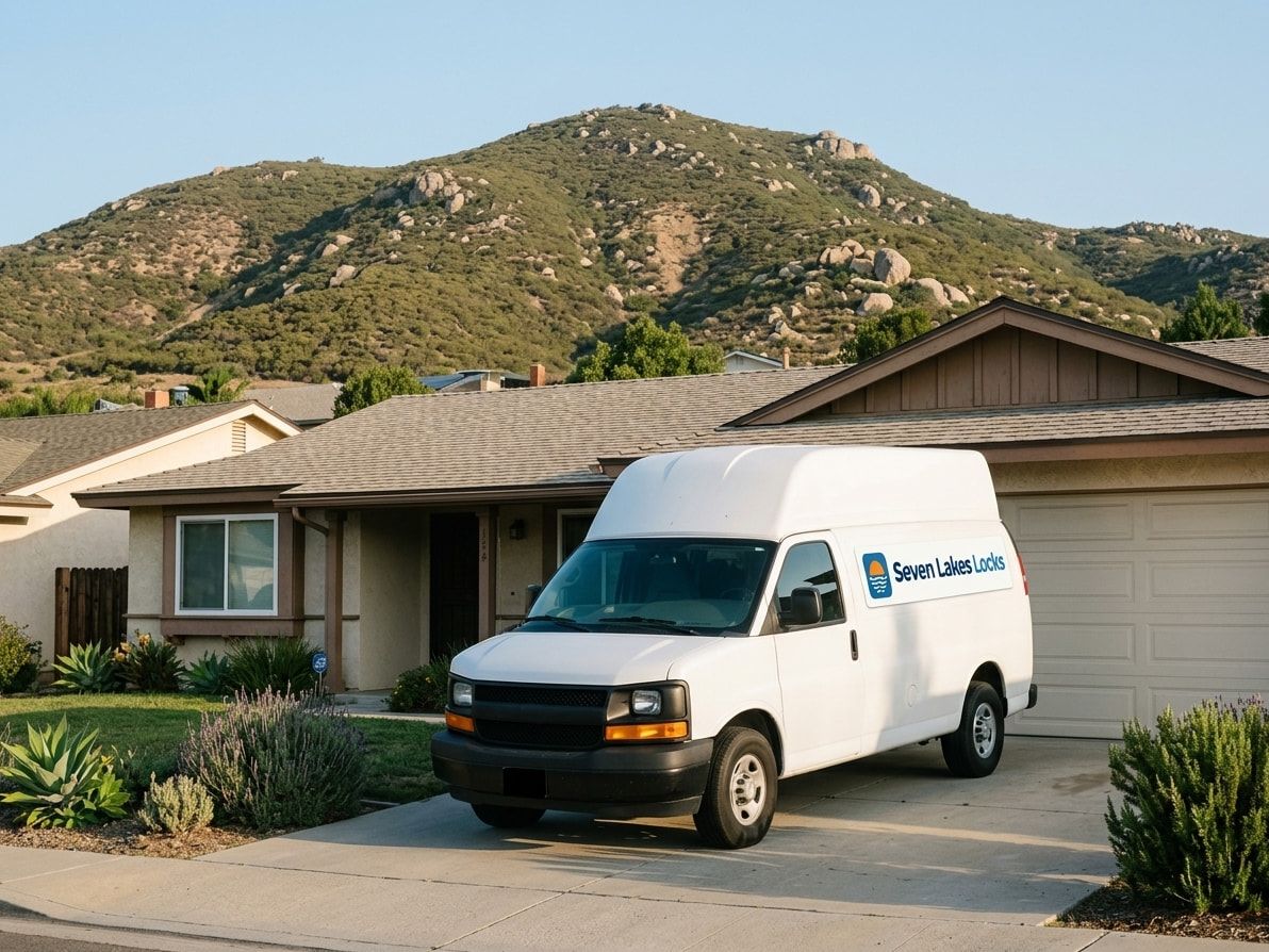 Seven Lakes Locks locksmith on the phone at the open side door of the van, key blanks and a key machine inside